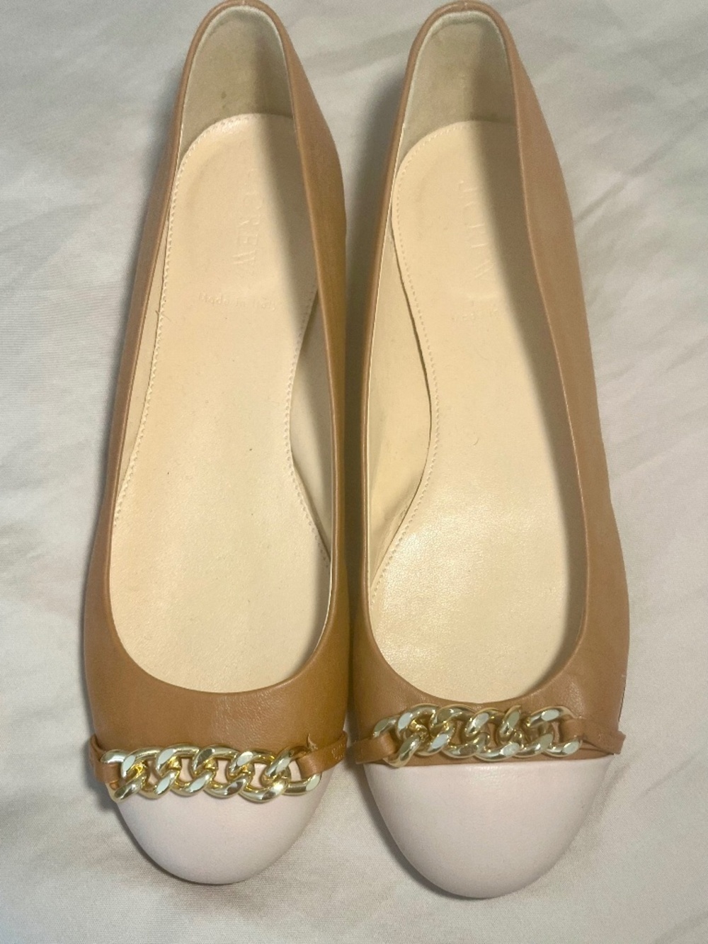J.Crew Brand New NWOT Woman's Leather Loafers Tan/Cream w/Gold Link Chain Sz 8